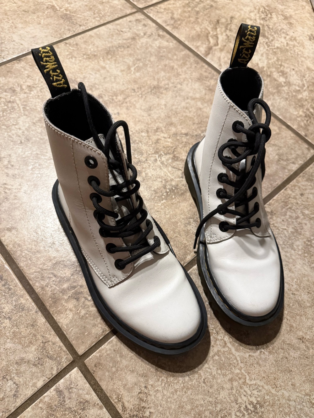 Dr. Martens White Leather Lace-Up Combat Boots with Black Accents